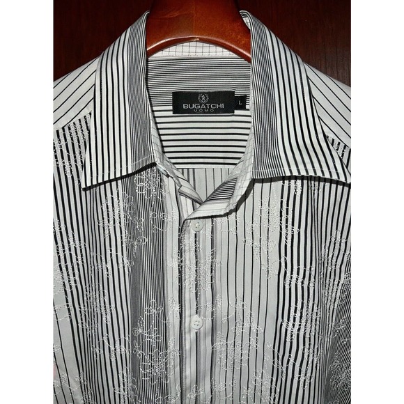 BUGATCHI EMBROIDERED FLORAL STITCH OVER BLACK & WHITE STRIPE SHIRT FLIP CUFFS L - Picture 1 of 5
